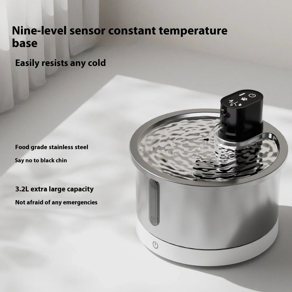 Stainless steel cat water fountain with constant temperature base and filter system