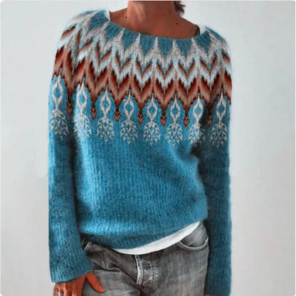 Women's loose round neck acrylic pullover sweater in geometric and stripe prints, sizes S-5XL, 50cm length