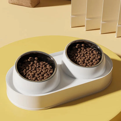 White elevated pet double bowl feeder with tilted food and water bowls on a non-slip stand.