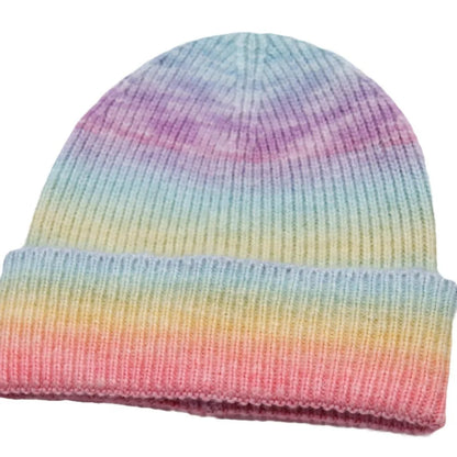 Gradient yarn knitted hat with tapered top in light blue colour showing knitted texture
