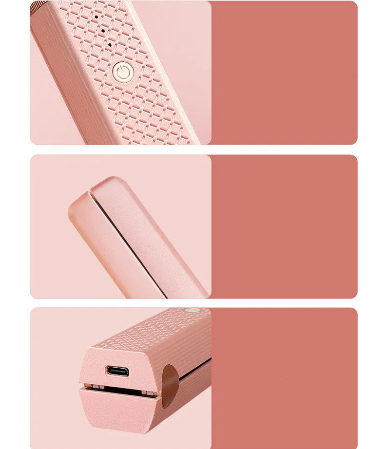 Pink and green cordless USB rechargeable mini hair straightener and curler with ceramic plates