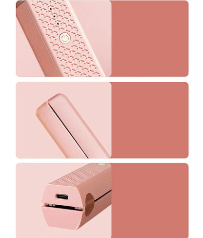 Pink and green cordless USB rechargeable mini hair straightener and curler with ceramic plates