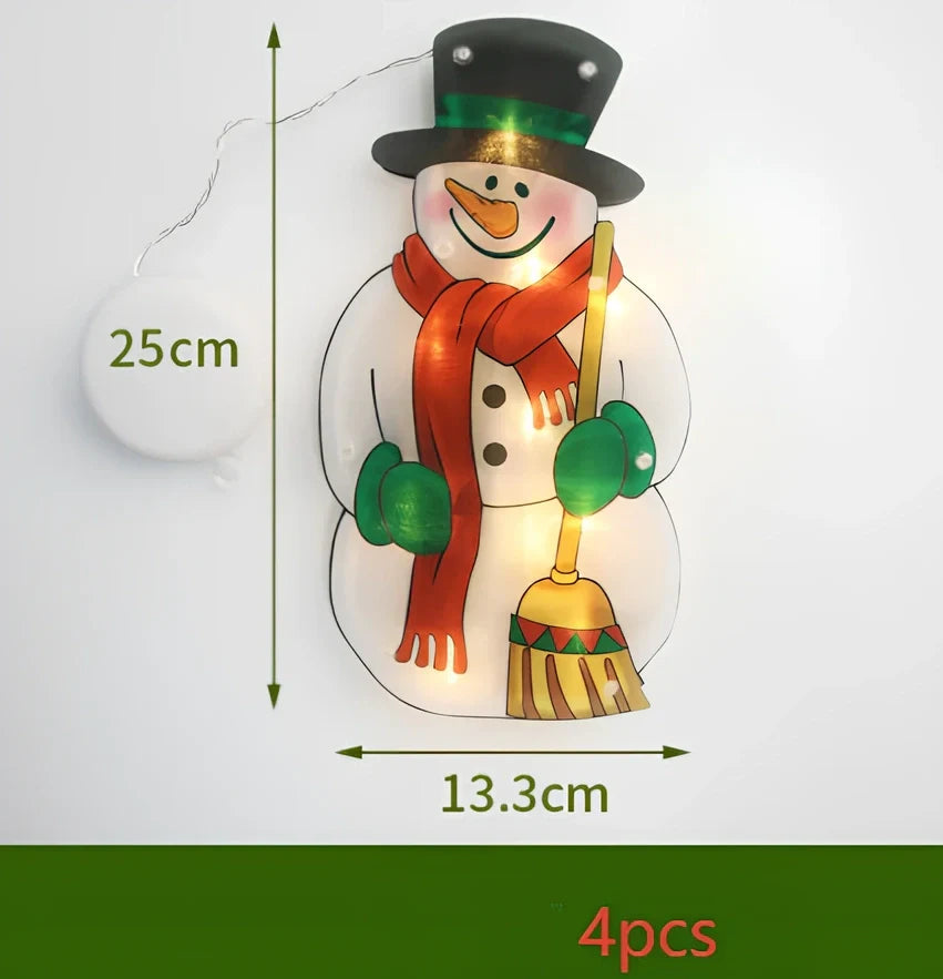 LED Christmas hanging lights with suction cups showing snowman design illuminated on window