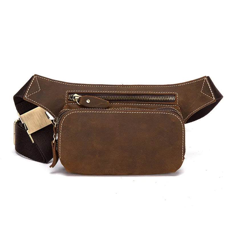 Brown top layer cowhide men's sports waist bag showing 30 cm width, pull closure, and internal phone compartment