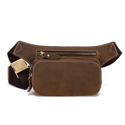 Brown top layer cowhide men's sports waist bag showing 30 cm width, pull closure, and internal phone compartment