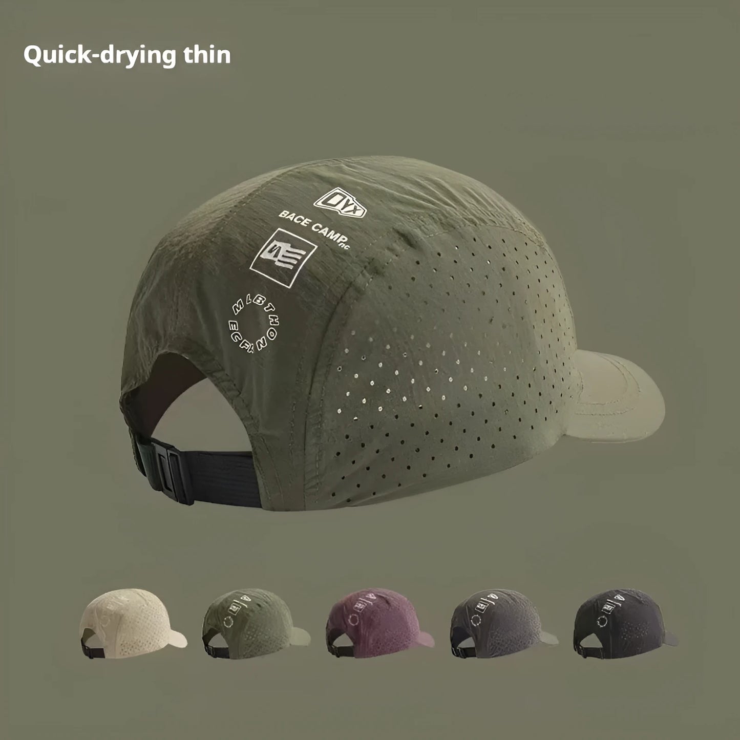 Men's adjustable baseball cap in breathable mesh fabric, shown in black, grey, green, khaki, or purple.