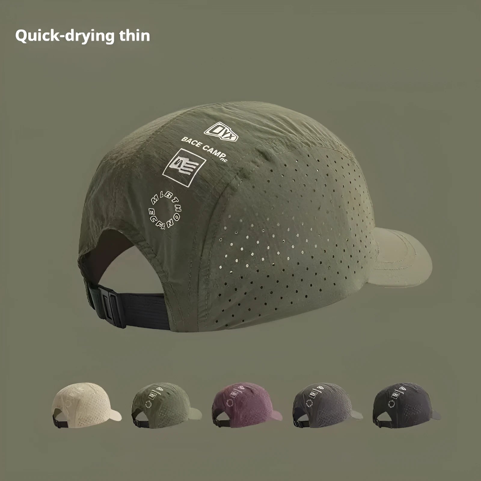 Men's adjustable baseball cap in breathable mesh fabric, shown in black, grey, green, khaki, or purple.