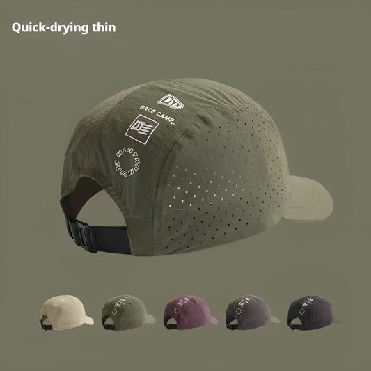 Men's adjustable baseball cap in breathable mesh fabric, shown in black, grey, green, khaki, or purple.