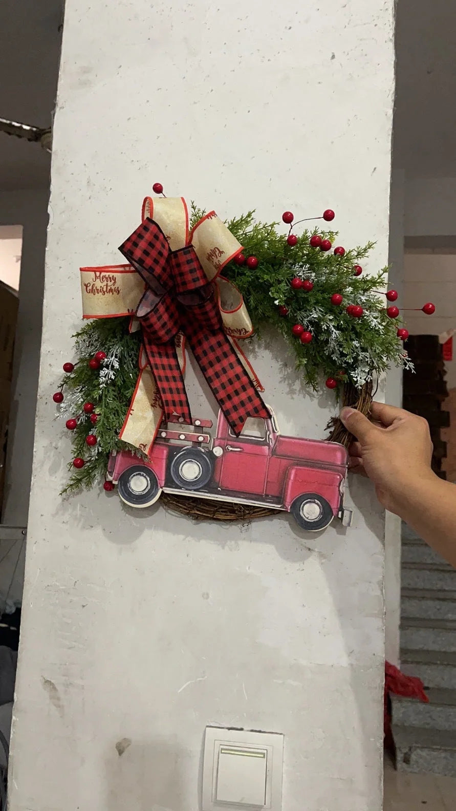 Red truck wooden Christmas garland with pumpkin accents for festive holiday decor