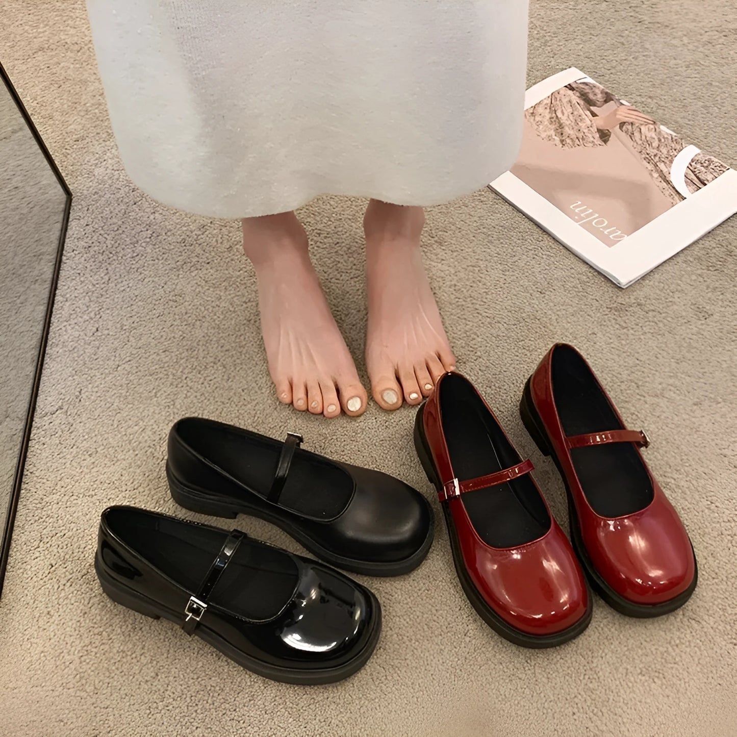 Women's solid colour French vintage leather shoes with round toe and flat heel design in red, black, and grey options
