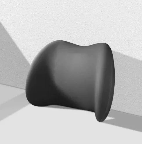Black memory cotton car headrest cushion and matching lumbar support on a grey car seat.