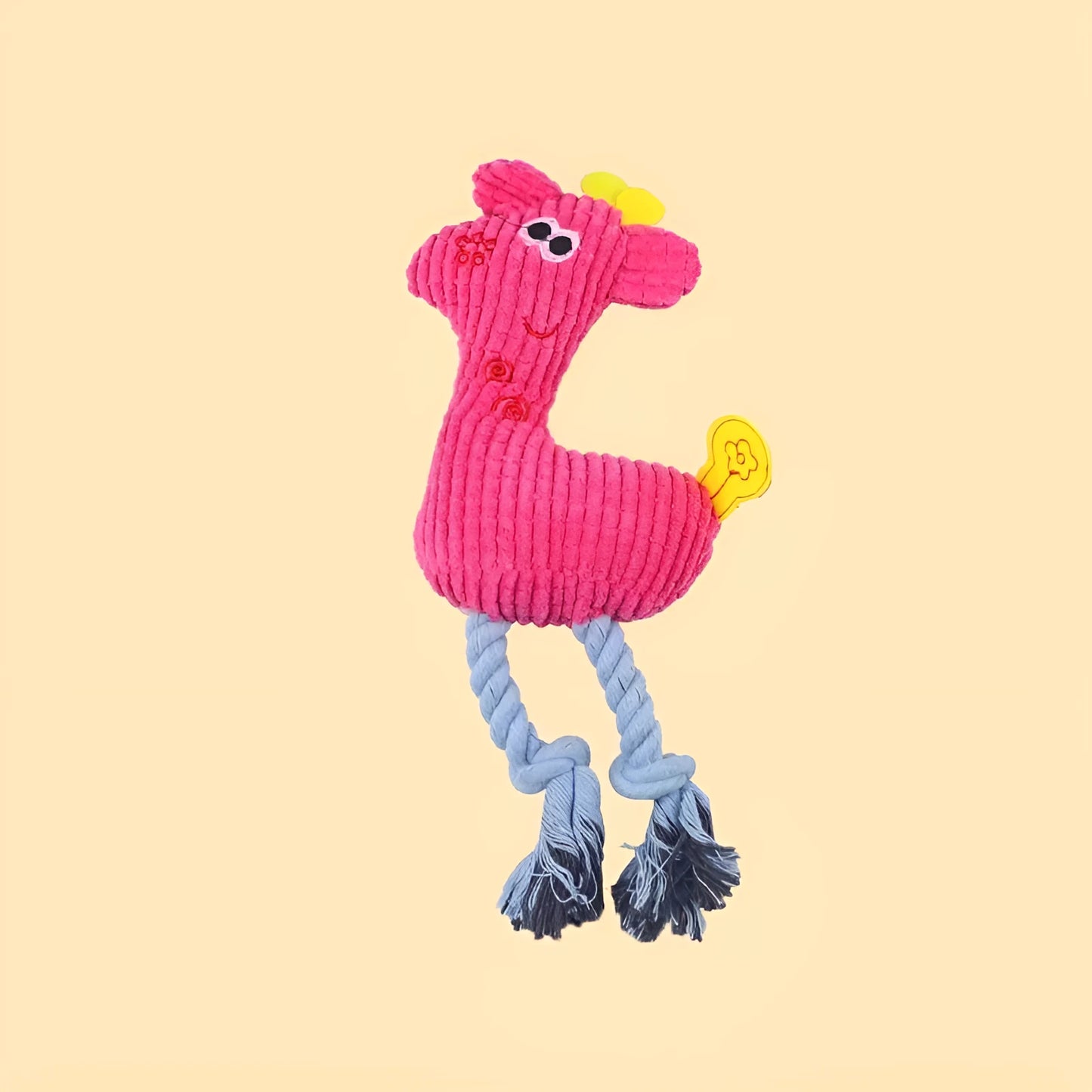 Blue deer-shaped plush dog toy with corn grain texture showing sound module inside