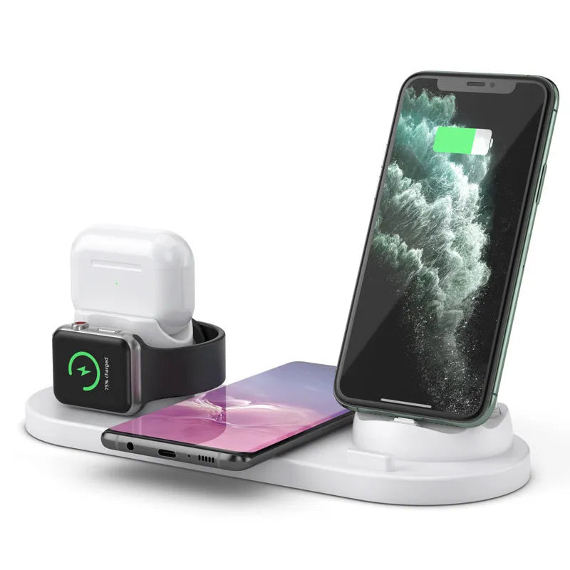 Black or white 6-in-1 wireless charging mobile phone holder station for Apple devices.