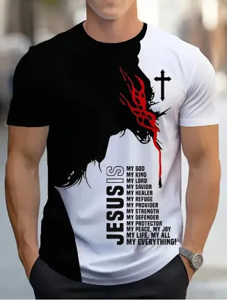 Men's striped casual T-shirt with digital 3D printing in loose fit short sleeve design