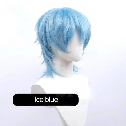 Short black anime-style cosplay wig for men with a lengthened hair tail, made from synthetic fibre.