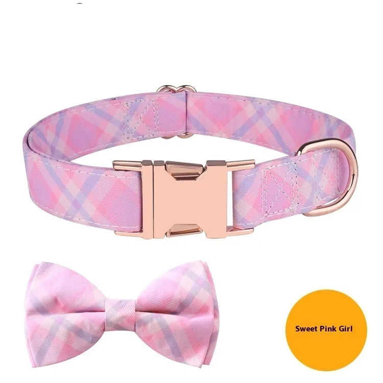 Rose gold buckle pet collar with decorative fabric bow in multiple colour options