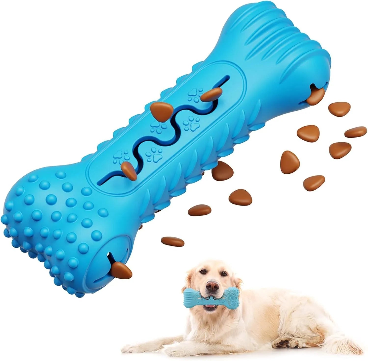 Blue bone shape dog chew toy made from natural rubber with uneven surface for teeth cleaning