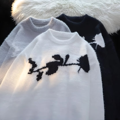 Men's black pullover sweater with flocking horse graphic on chest, long sleeves