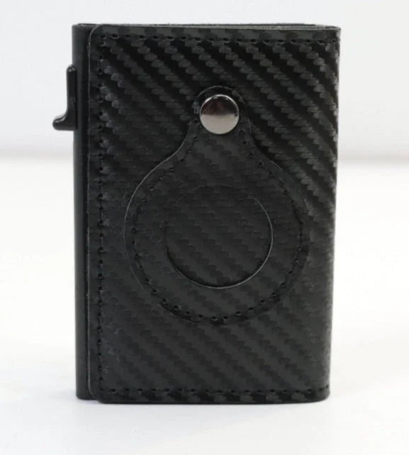 Slim leather wallet with built-in AirTag holder, featuring RFID-blocking technology and convenient card access