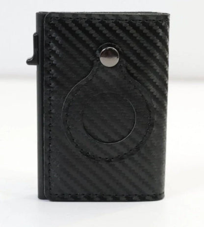 Slim leather wallet with built-in AirTag holder, featuring RFID-blocking technology and convenient card access