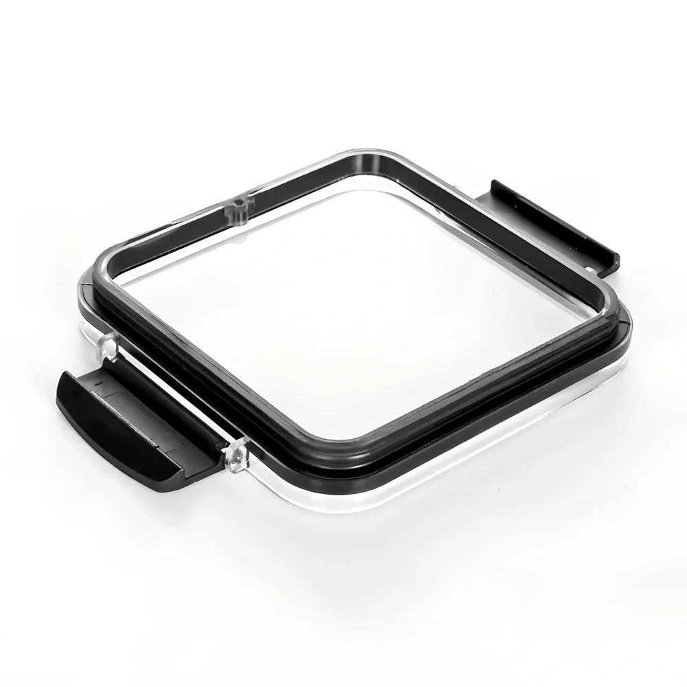 Eight transparent airtight plastic food containers in four different sizes with red sealing lids