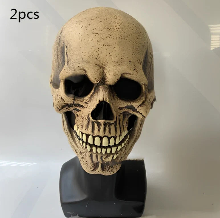 Halloween skull mask with movable jaw showing brain flower design in vinyl construction