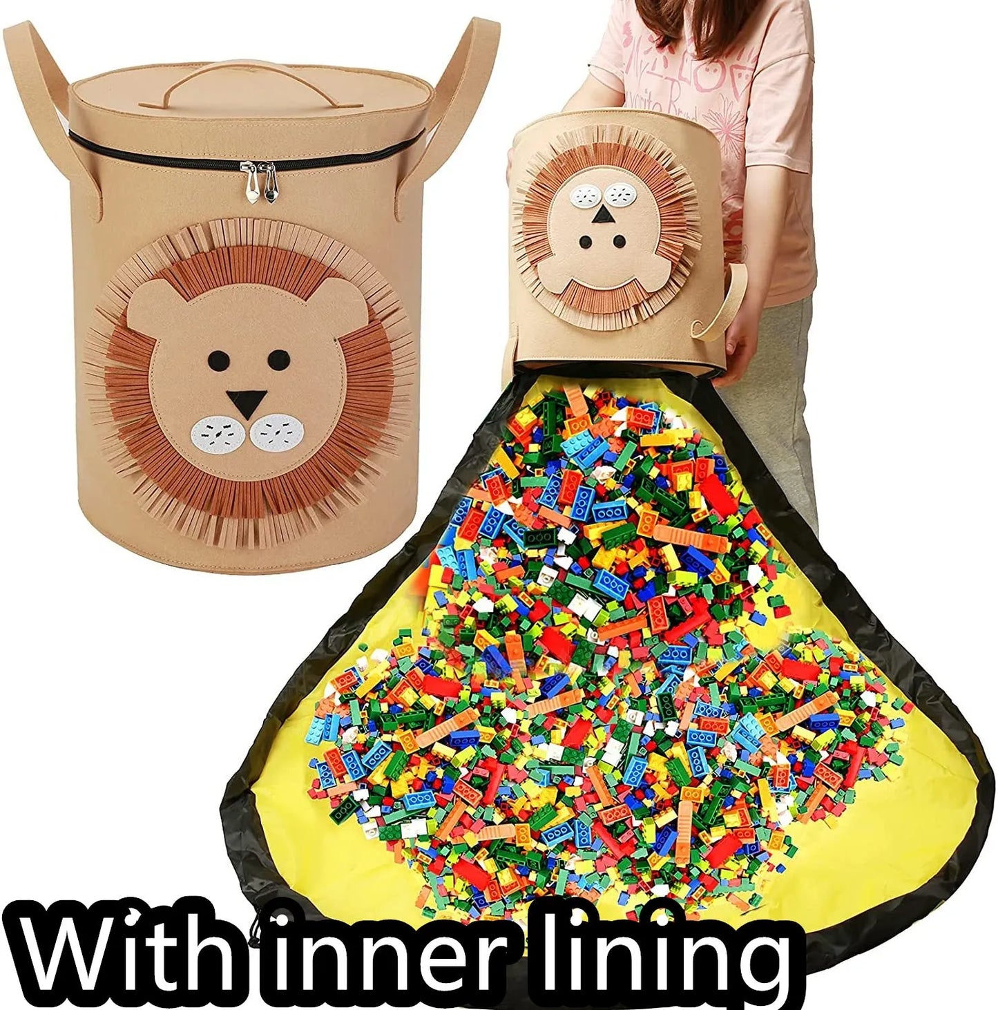 Green felt storage cube with pull rope unfolded into a large square play mat on a wooden floor.