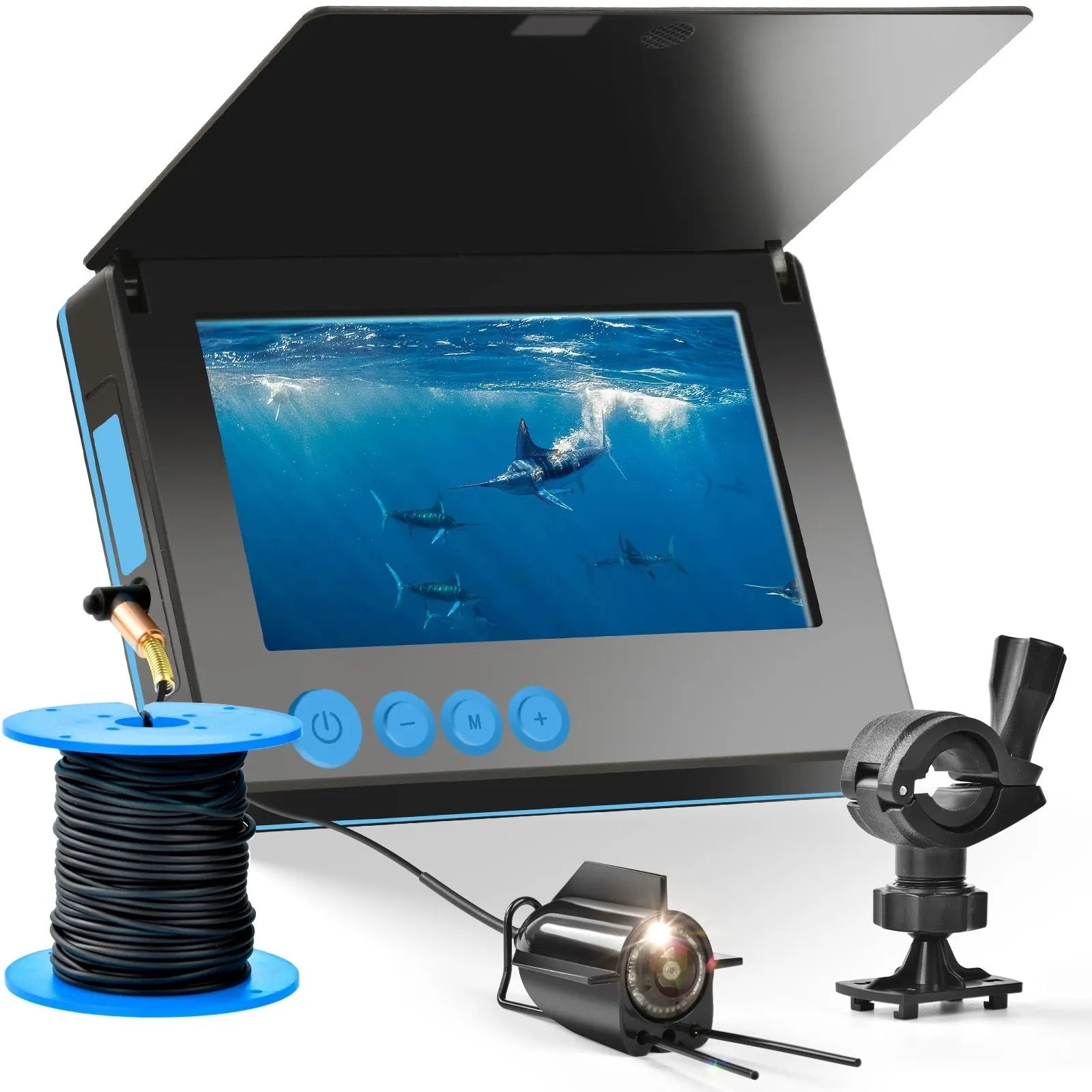 Underwater fish finder camera with 4.3-inch monitor, 220-degree lens, and LED lights on a 30-metre cable.