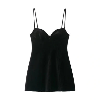 Black women's hooded dress with flared irregular hem, thin straps, and shirring detail on mercerised cotton knitted fabric