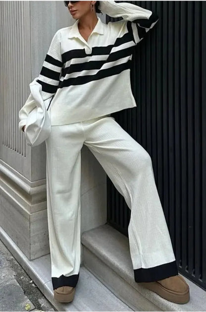 Women's black and white striped knitted two-piece set with polo collar and trousers