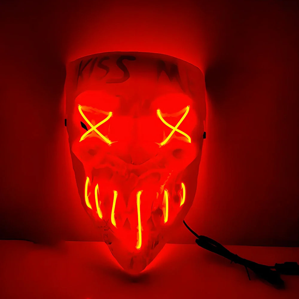 Multicolor luminous Halloween mask with adjustable glow, plastic construction in blue, green, and red options for festivals