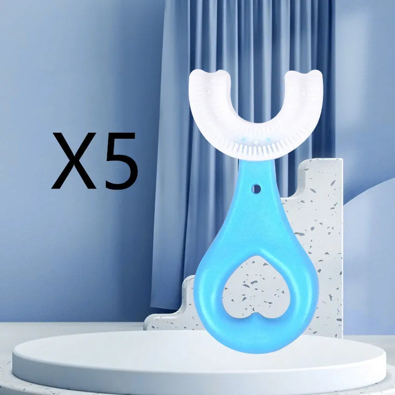 Children's U-shaped soft rubber toothbrush in pink and blue colours.