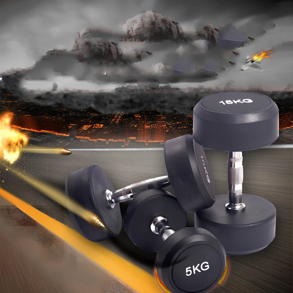 Black cast iron rubberized round head fitness dumbbell with textured grip, showing 10cm diameter measurement