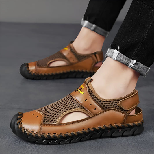 Men's brown leather casual shoe with mesh panels, elastic band, and flat rubber sole.