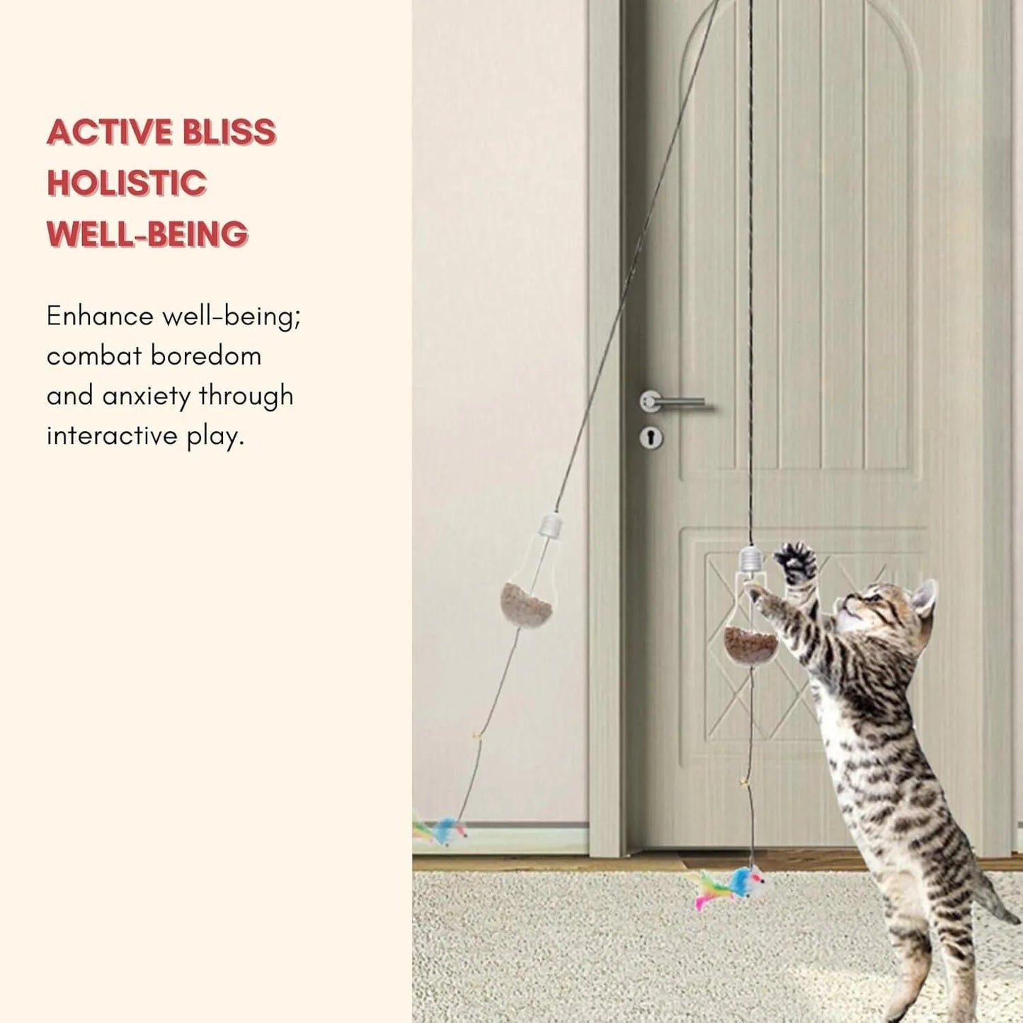 Grey and yellow interactive cat toy hanging on door frame with retractable elastic rope and treat dispenser
