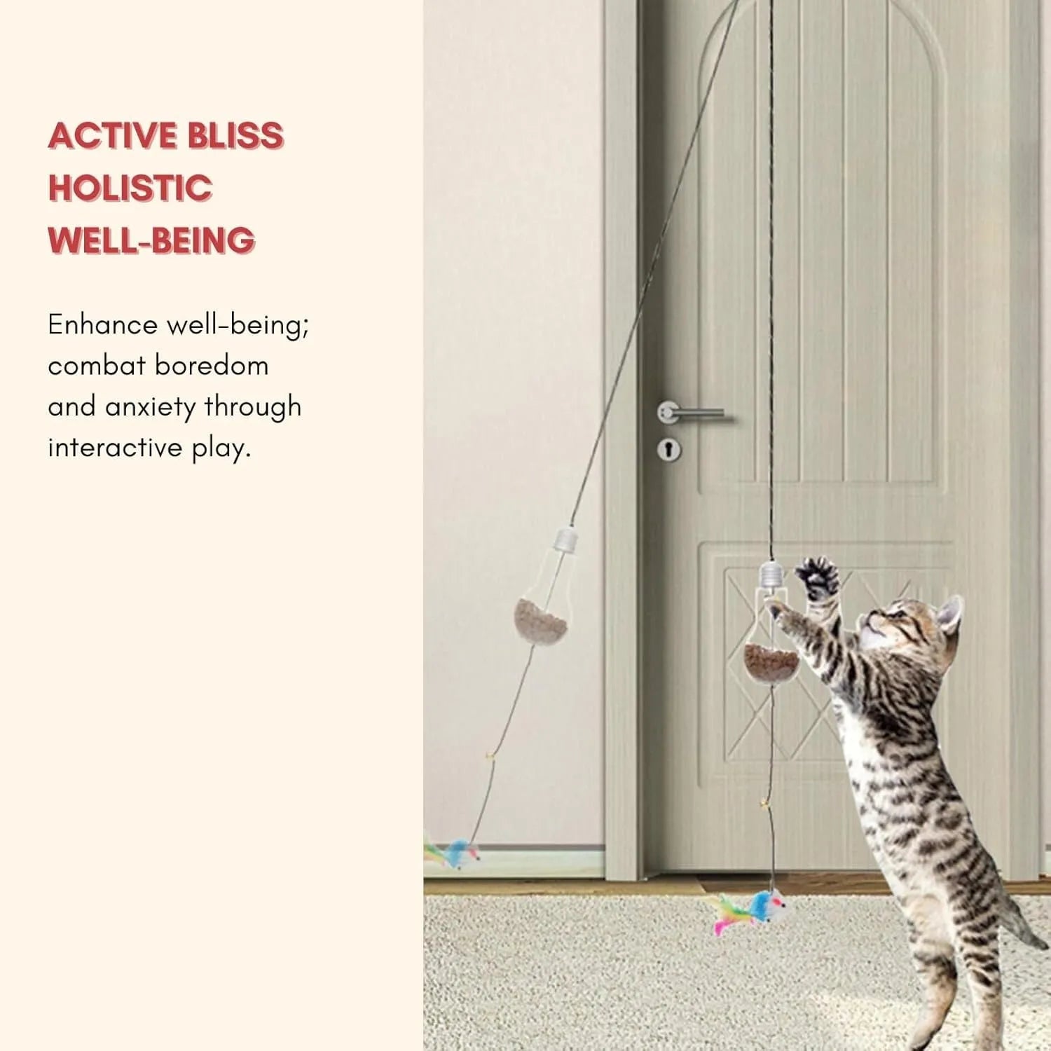 Grey and yellow interactive cat toy hanging on door frame with retractable elastic rope and treat dispenser