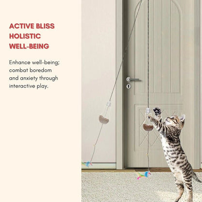 Grey and yellow interactive cat toy hanging on door frame with retractable elastic rope and treat dispenser