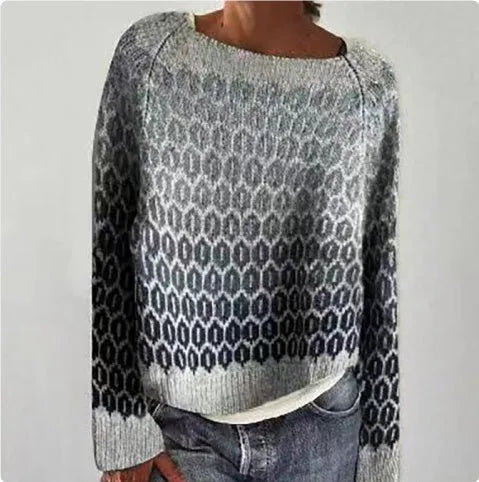 Women's loose round neck acrylic pullover sweater in geometric and stripe prints, sizes S-5XL, 50cm length