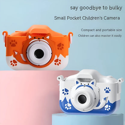 HD cartoon children's digital camera in blue or orange with 2-inch screen and lanyard