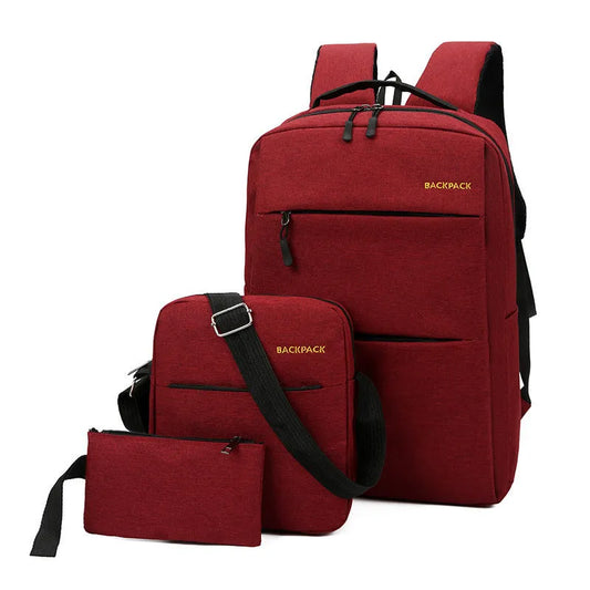 Men's USB charging computer bag three-piece set in black showing compartments and air pillow belt