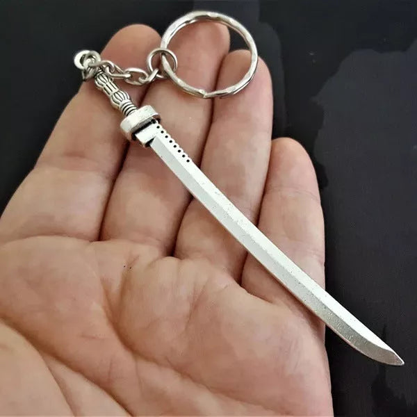 Zombie Katana Keychain with silver electroplated alloy design inspired by samurai swords