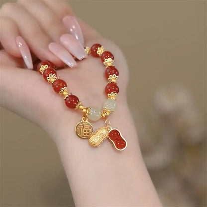 Unisex peace buckle bracelet with glass beads, coloured glaze components and rabbit motif in national style design