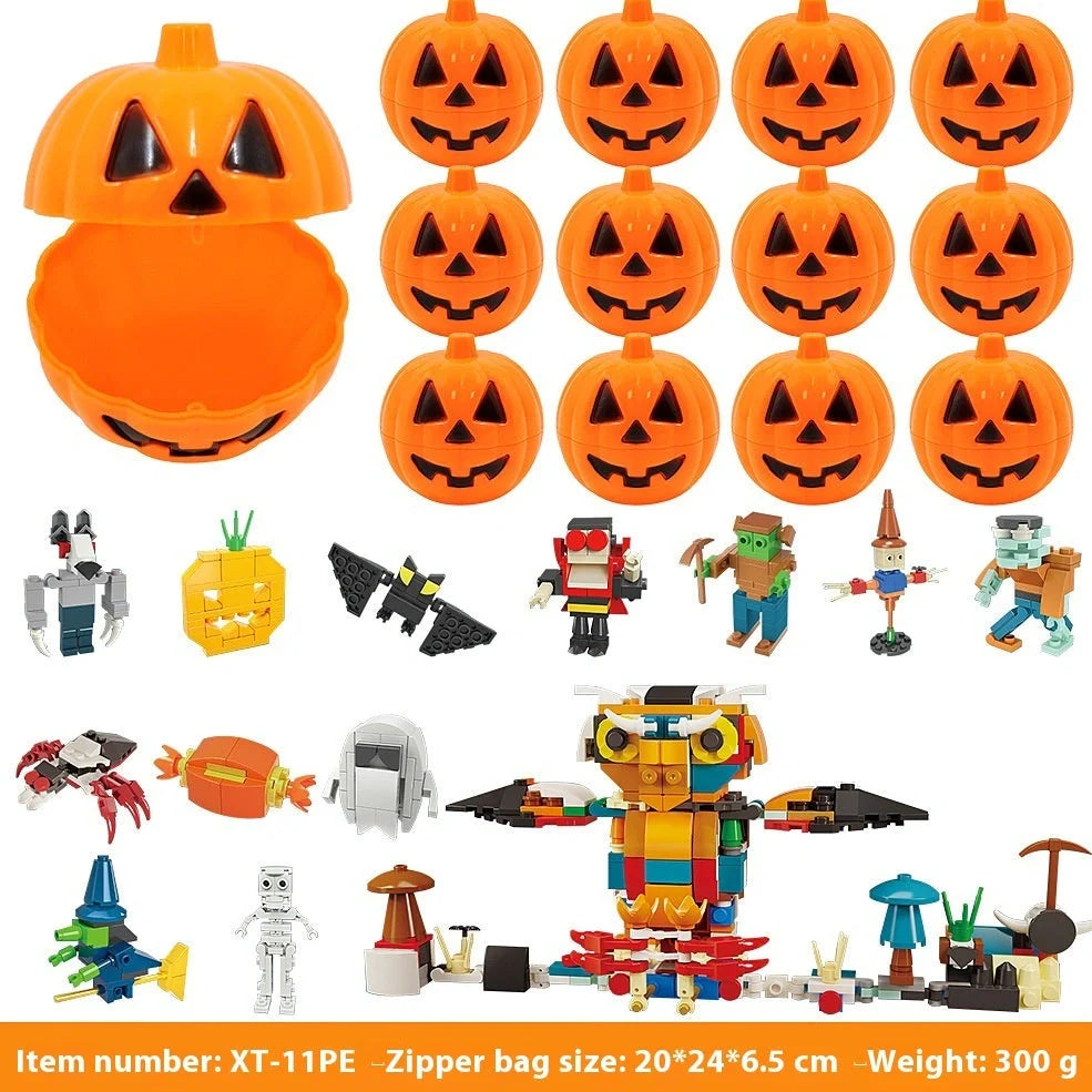 Halloween building blocks set showing six themed designs including handbag and lollipop shapes in colour box packaging