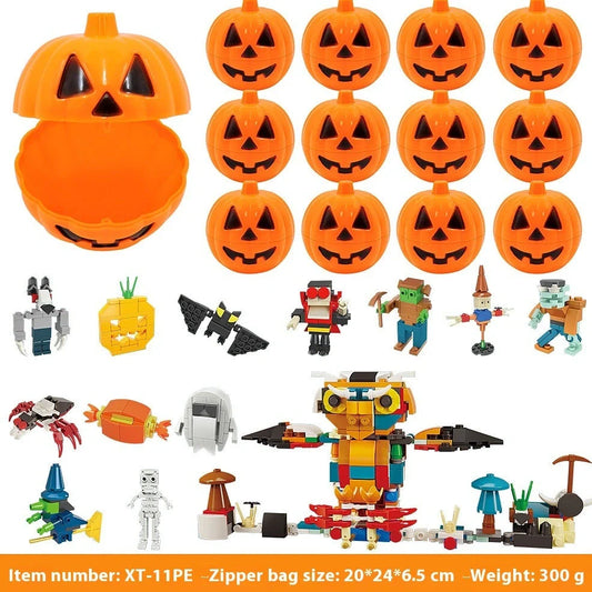 Halloween building blocks set showing six themed designs including handbag and lollipop shapes in colour box packaging