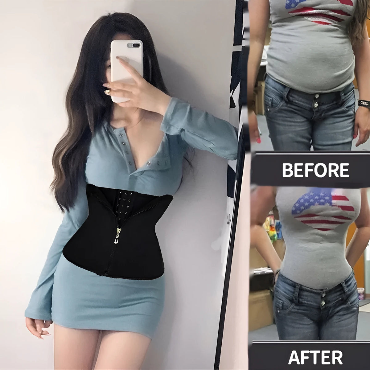 Neoprene belly band body shaping corset in black, shown wrapped for abdominal support during exercise