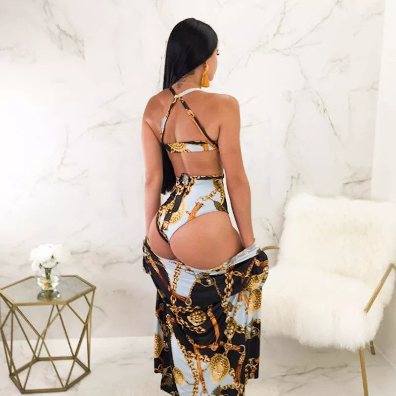 Split high waist bikini swimsuit with open back design in white