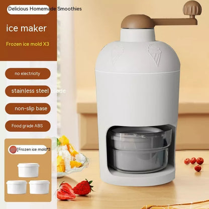 Manual ice crusher with stainless steel blades and white plastic body, compact and efficient for home or small stalls.