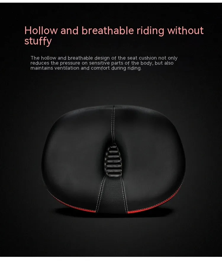 Large red plus-size thickened bicycle saddle with PU pattern and reflective sticker.
