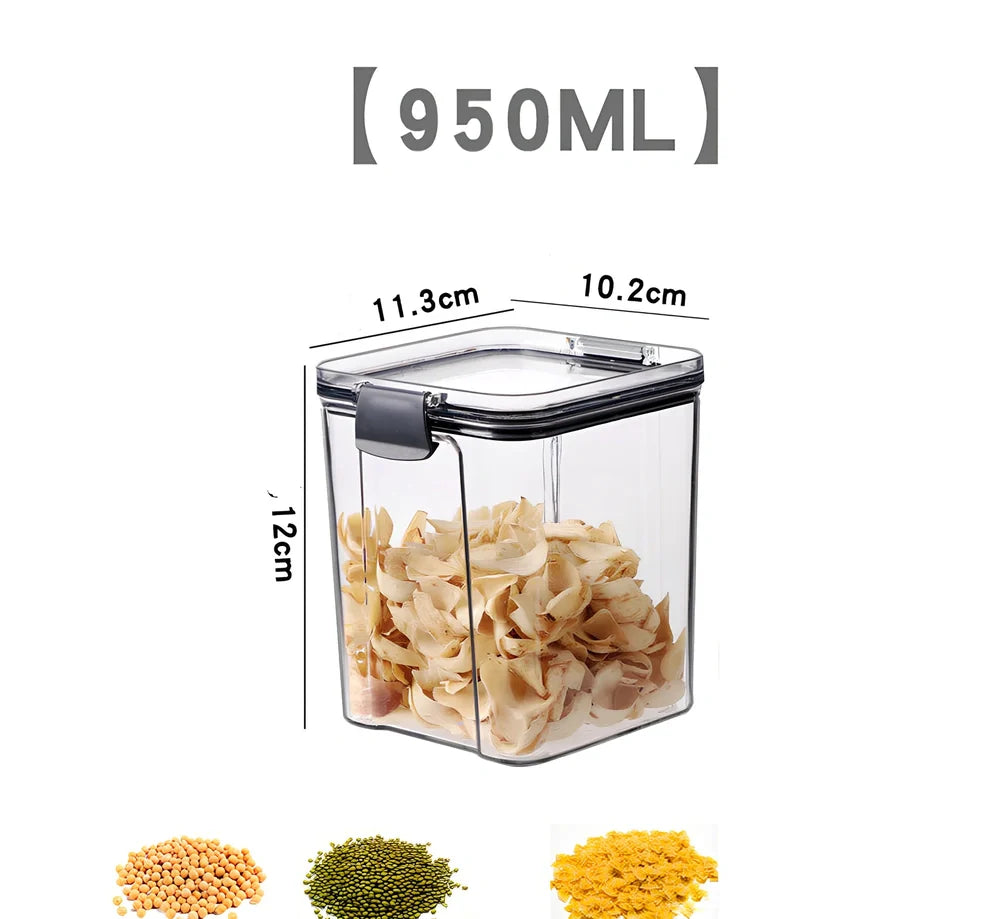 Square clear kitchen storage jar box for pantry organisation with cereals visible inside