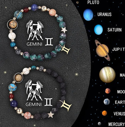 Two natural stone zodiac bracelets with adjustable cords showing sliding knot mechanism and zodiac bead details
